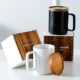 IBIZIA Solid Ceramic Mug with Acacia Wood Lid Black and White with Box